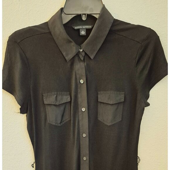 Banana Republic Black Silk Blend Short Sleeve Button Front Shirt Dress Sz M EUC - Picture 2 of 8